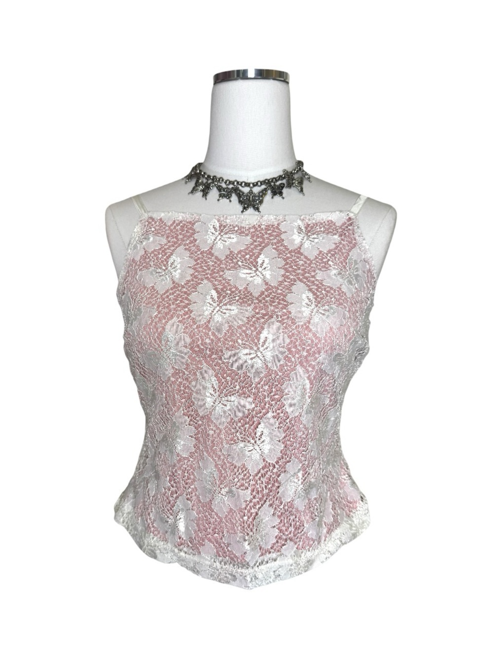 Y2K Hourglass White + Pink Lace Butterfly Camisole Tank Top Size Small